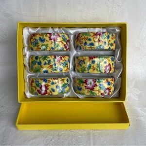 Porcelain Chintz Napkin Rings Caroline Floral Set of 6 Yellow Plum Blue Green